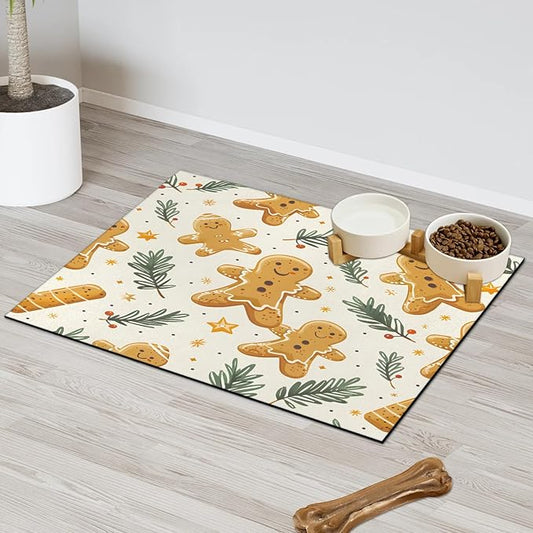 Christmas Cookies Dog Food Mat for Floors Absorbent, Quick Dry Water Dispenser Mat for Food, Water, Pet Supplies 24" x 32", Xmas Tree