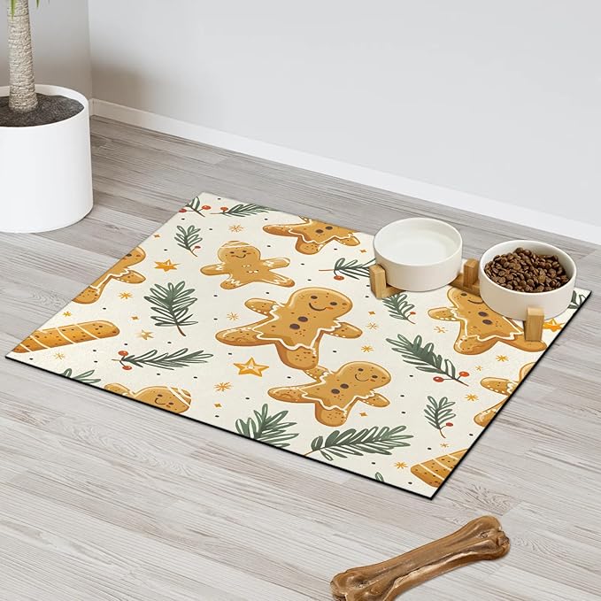 Christmas Cookies Dog Food Mat for Floors Absorbent, Quick Dry Water Dispenser Mat for Food, Water, Pet Supplies 16" x 24", Xmas Tree