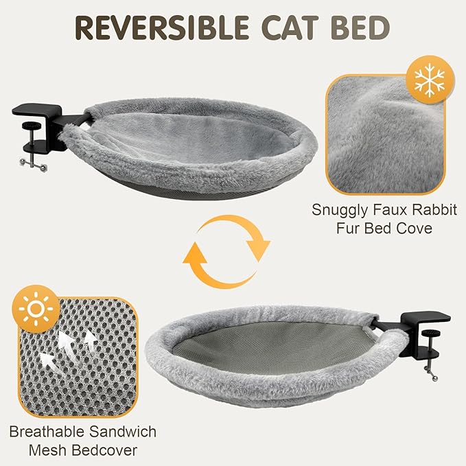 Cat Desk Bed, 2 in 1 Comfy & Space-Saving Cats Bed for Desk, Cat Desk Hammock with Dual-Sided Reversible Mat for Hard Wall and Various Desktops-Maximum Hold Up to 40lb