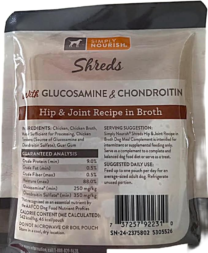 SIMPLY NOURISH Shreds Meal Toppers Pack of 4-3 Ounce Pouches. Plus Biggs Dog Waster Roll. (Hip & Joint w/Chicken)