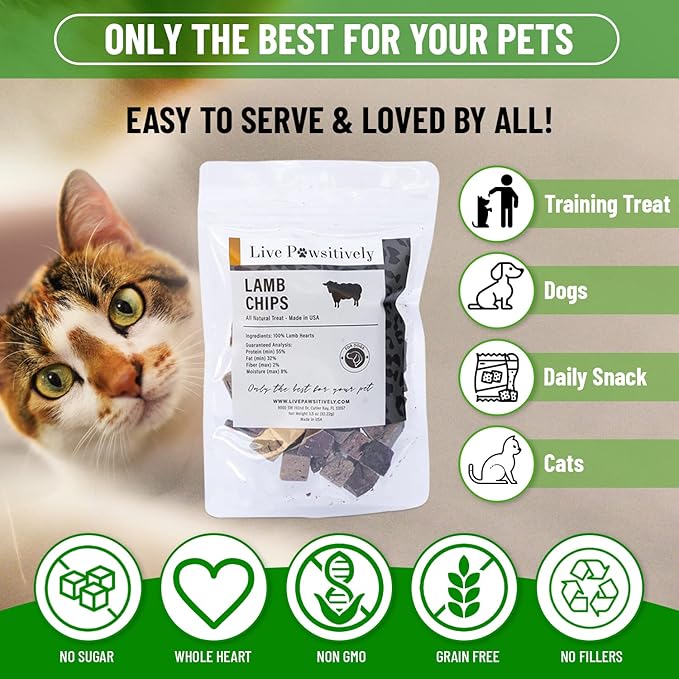 All-Natural Treat for Dogs & Cats, Single Ingredient, Picky Eaters, Grain & Gluten Free, Freeze Dried Lamb Hearts, No Preservatives, Made in USA
