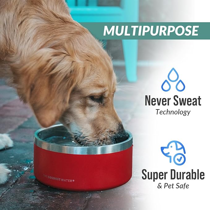 Coldest Dog Bowl - Anti Rust Metal, Non Slip, 3 Layers Insulated Stainless Steel Dog Bowls - Spill Proof & Heavy Duty - Water Bowl for Dogs, Cats, Dish Washer Safe (64 oz, Polished Stainless Steel)