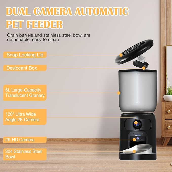 Automatic Cat Feeder with 2K Dual HD Cameras, 2.4/5G WiFi 6L Feeder, Pet Feeder Automatic for Cats & Dogs, Cat Food Dispenser with Cameras, Laser Interactive Toy & Night Vision(Black-Dual Cameras)