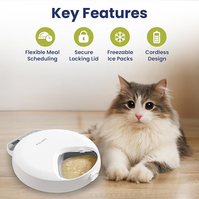 PawsPik Smart 4-Meal Automatic Pet Feeder – Programmable Timer for Wet & Dry Food, Cordless, with Ice Packs – Dog & Cat Feeder, White, 4-Cup Capacity