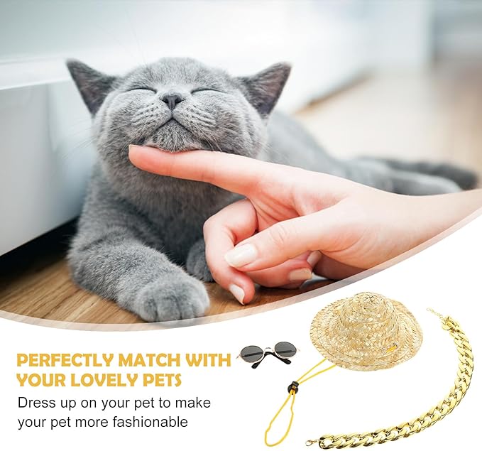 Homoyoyo Pet Dog Accessories Set – Straw Sun Hat with Sunglasses and Necklace, UV Protection Dog Supply for Outdoor Use, Puppy Summer Pet Apparel