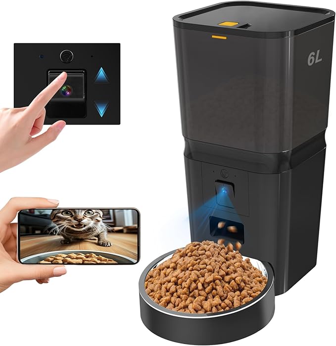 Automatic Cat & Dog Feeder with Camera, 6L Smart WiFi Pet Food Dispenser for Small Pets - Timed Feeding App, Battery Backup, Voice Recorder, Night Vision & Portion Control