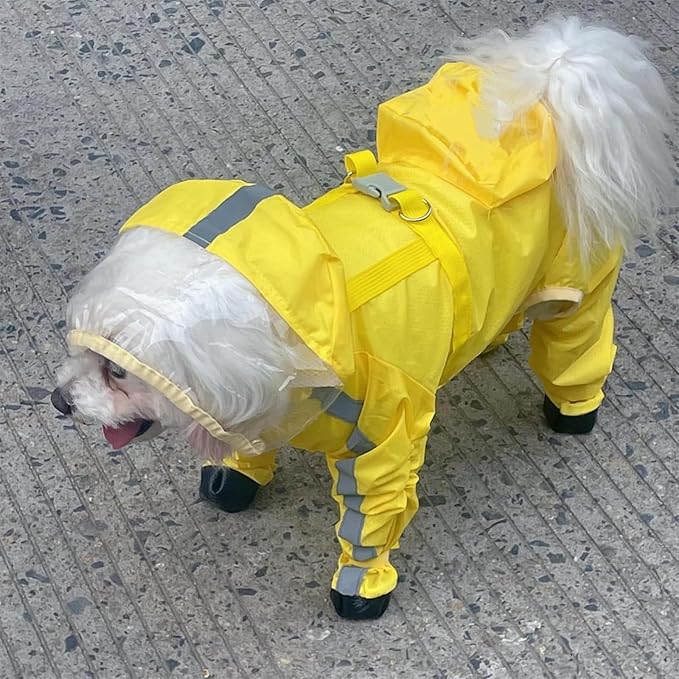 Waterproof Dog Raincoat,Full Coverage 4 Legs Dog Rain Jacket for Small Dogs,Pet Rain Coat with Hood,Reflective Strips&Leash Hole Outdoor Raincoat (Medium（for Weight 5.1-8.1 lb）, Yellow)