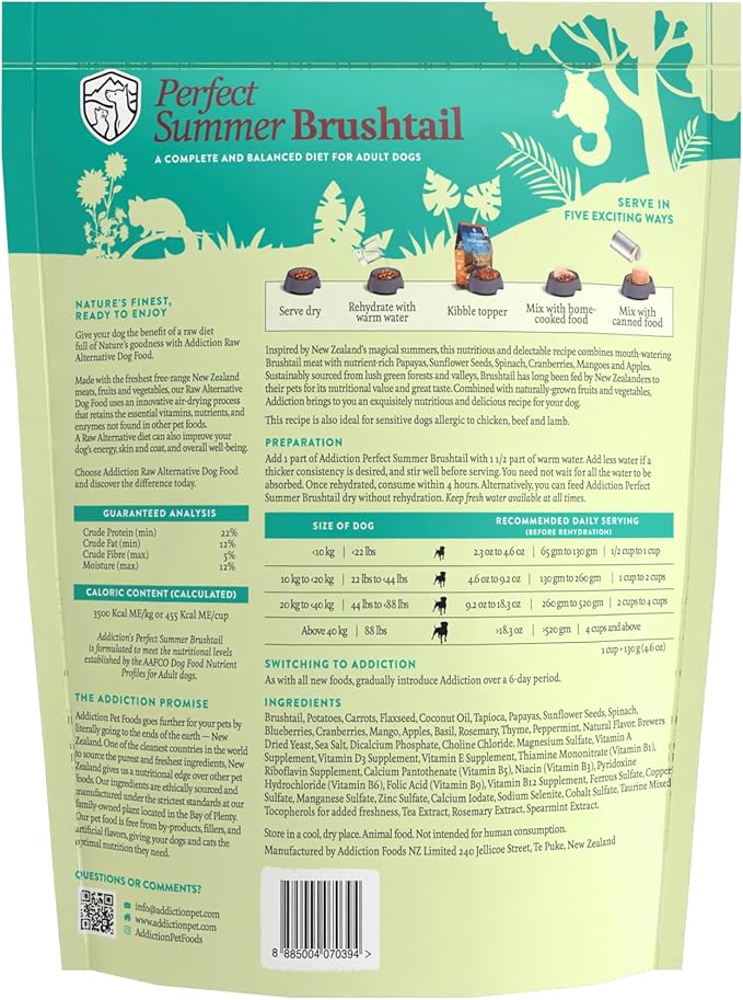 Addiction Perfect Summer Brushtail Air-Dried Grain-Free Dog Food – Complete Meal or Topper with Natural Ingredients for Digestive and Skin & Coat Health, 2lb - 4 Packs