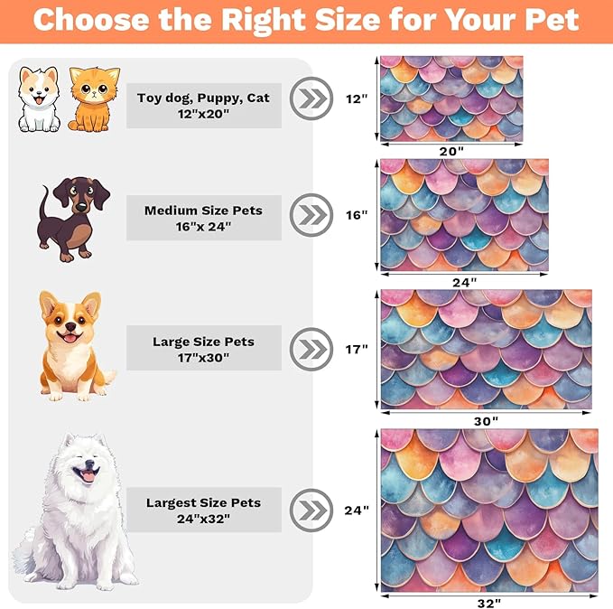 Mermaid Scale Dog Food Mat for Floors Absorbent Dog Bowl Mat for Food and Water Dispenser Quick Dry Cat Food Placemat Pet Supplies 17" x 30", Fish Scale