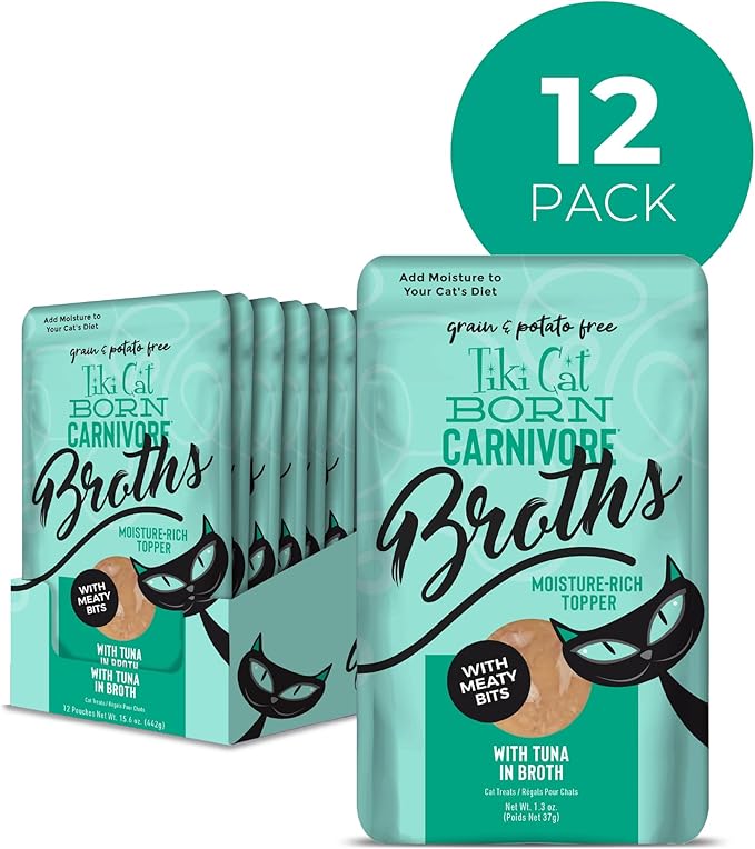 Tiki Cat Born Carnivore Broths, Tuna Recipe, Hydration and Flavor Supplement Cat Food Topper, 1.3 oz. Pouch (Pack of 12)
