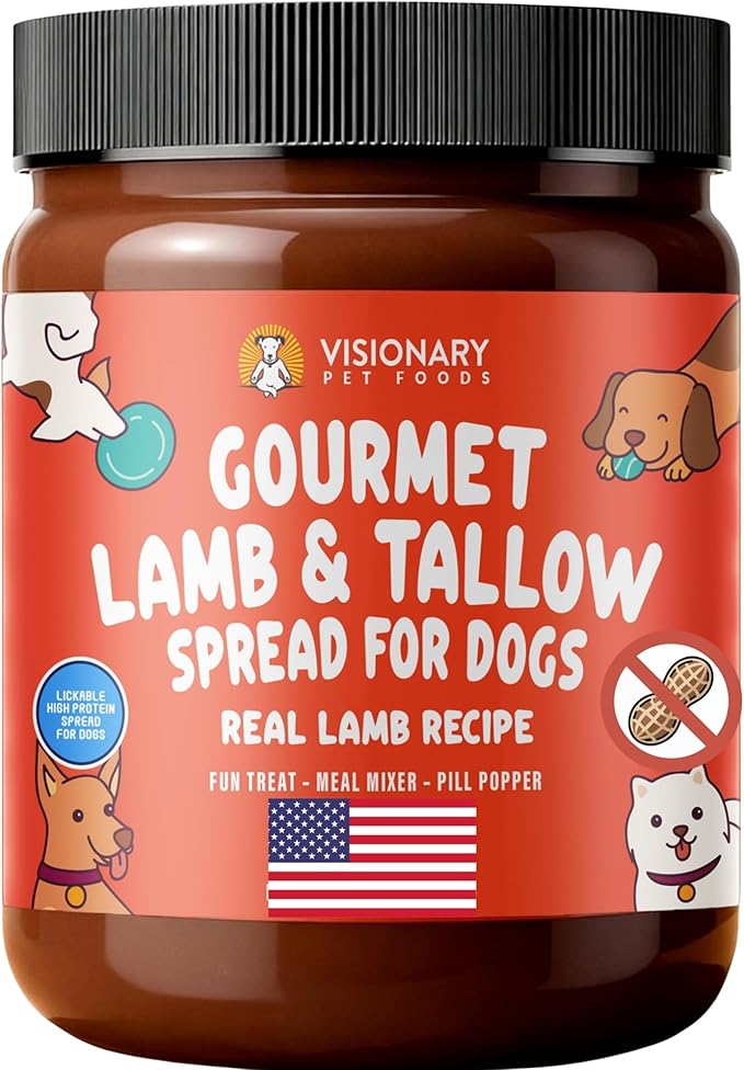 Visionary Pet Foods Lamb and Tallow Meat Spread, Dog Safe - Natural Peanut Butter Alternative - Digestive Support, No Additives - Meal Topper or Lick Mat Treat - 12oz Jar
