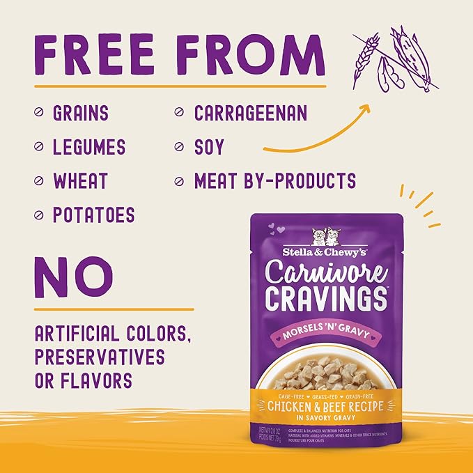 Stella & Chewy's Carnivore Cravings Wet Cat Food Pouches - Premium Chicken & Beef Recipe - Grain-Free Morsels & Gravy - Perfect for Picky Eaters - Complete Meal or Topper - 2.8oz, 24-Pack