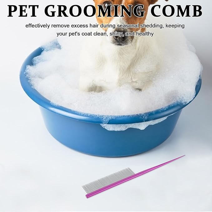 SUPVOX Pet Grooming Comb Rat Tail Metal Pet Comb with Rounded Ends for Dematting and Hair Removal Suitable for Cats and Dogs Purple