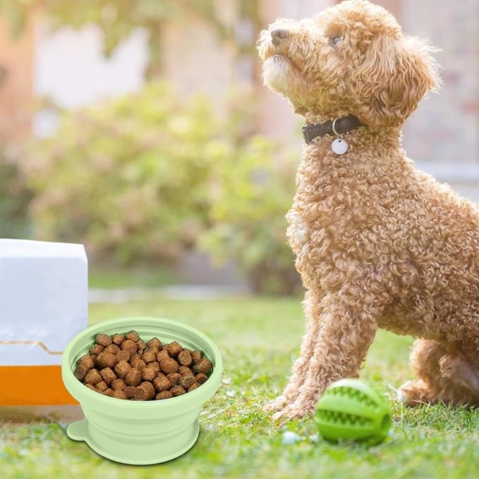 Portable Pet Travel Bowl - 12oz Foldable Silicone Dog Dish for Easy Feeding, Lightweight Space Saving Build with Attached Poop Bag Dispenser, Durable Pet Food Water Container for Walking Hiking