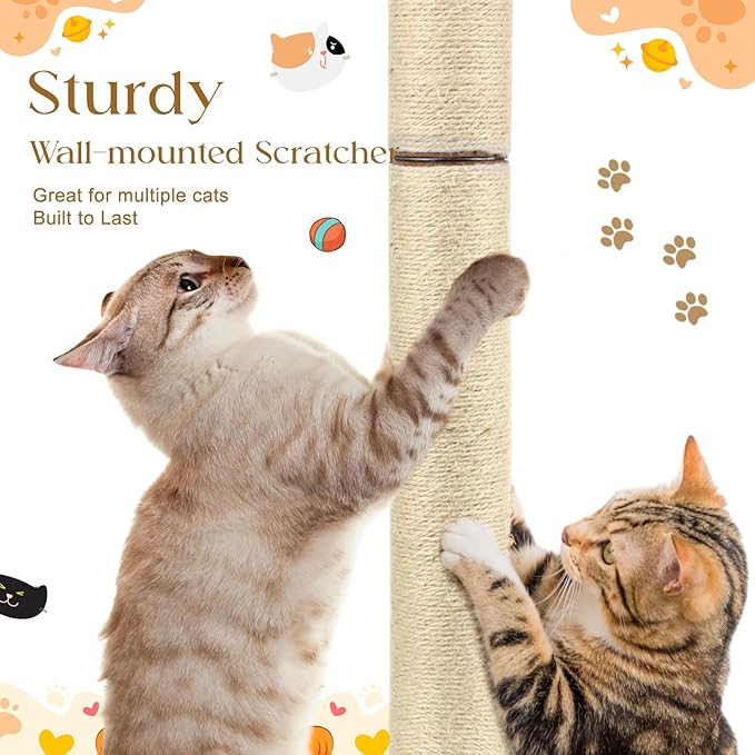 2 Pcs 30" Wall Mounted Cat Scratching Post for Large Cats, Wall Mounted Sisal Scratching Post, Furniture for Indoor Cats Climb Stretch Play, Tall and Sturdy Cat Climbing Pole