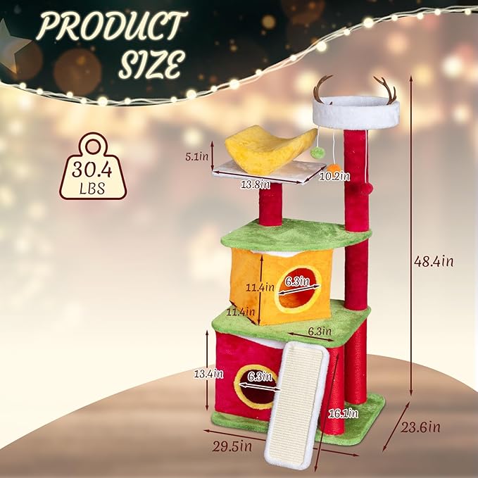 Outvita 48.5in Christmas Themed Plush Cat Tree, Multi-Level Cat Tower with Cat Condos, Top Perch, Sisal Ramp Scratching Board, Large Cat Pet Activity Center for Indoor Cats