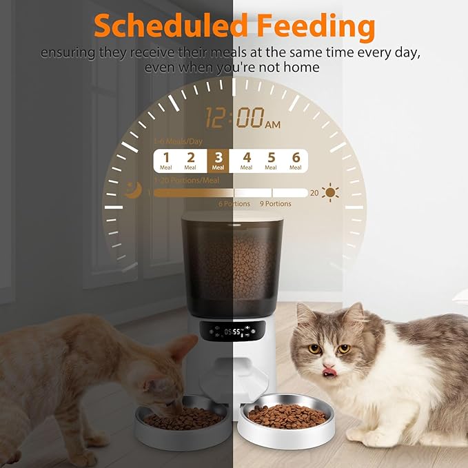 Automatic Cat Feeders for Two Cats, 5L/20 Cups Double Automatic Cat Food Dispenser with 2 Stainless Bowls, Timer Setting 20 Portions 6 Meals Per Day, 10s Meal Call, Pet Feeder for Dog (White, 5L)
