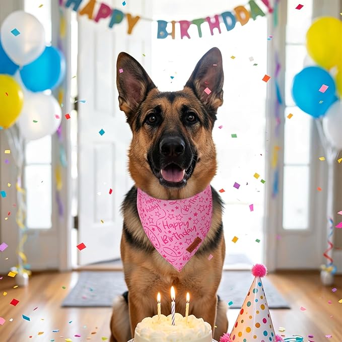 PTDECOR Pink Happy Birthday Dog Bandana, Premium Durable Fabric, Triangle Scarf for Dog Birthday Party Supplies, Pink Pet Bandana for Large X-Large Dogs Pets (X-Large)