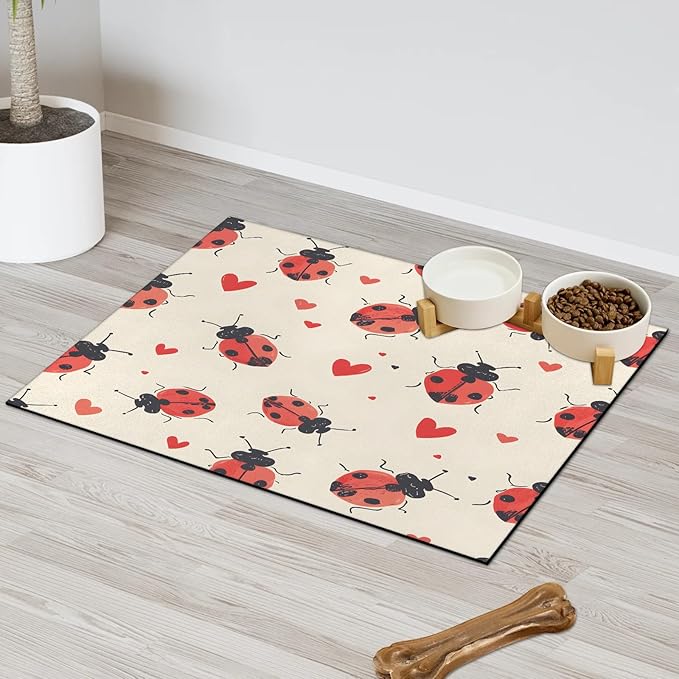 Red Ladybird Dog Food Mat for Floors Absorbent, Quick Dry Water Dispenser Mat for Food, Water, Pet Supplies 12" x 20", Red Love