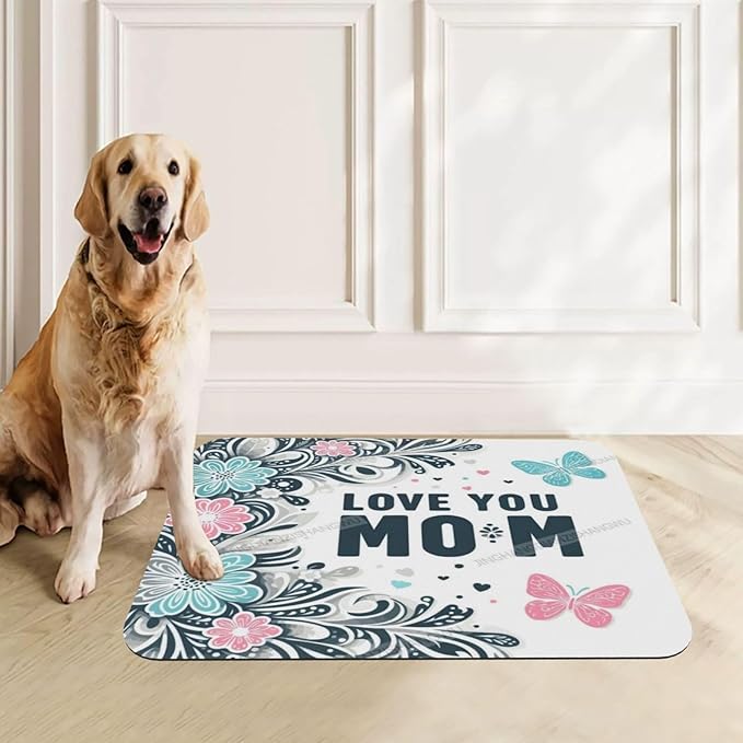 Dog Food Mat for Floors Absorbent Quick Drying Happy Mother's Day Floral Gift for Mom Butterfly Art Pet Cat Food Mat Easy-to-Clean Pet Feeding Mats Dog Bowl Mats 18X12In