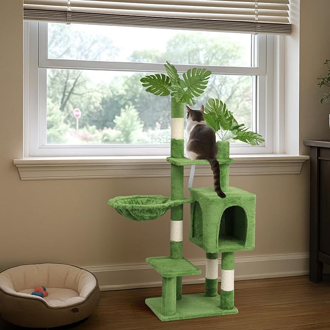 48in Plush Cat Tree with Leaves, Multi-Level Cat Tower with Scratching Post, Cozy Condo & Padded Perch, Dangling Ball for Kittens and Indoor Cats, Compact Cat Furniture for Small Spaces, Green