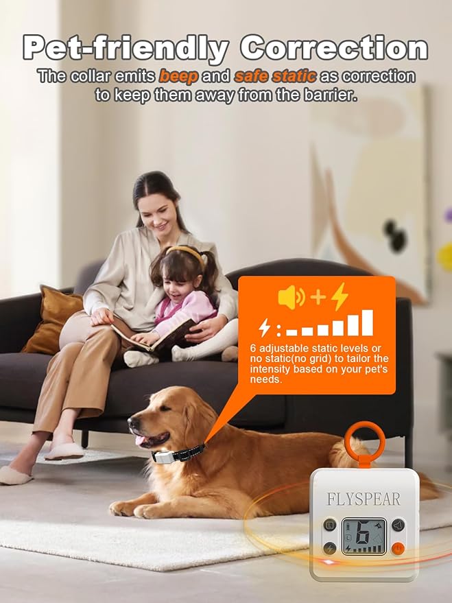 FLYSPEAR Wireless Pet Barrier - Rechargeable Indoor Pet Barrier with 6 Adjustable Range Radius up to 7 ft, 6 Adjustable Safe Static Intensity, Electric Fence System for Dog with Hook