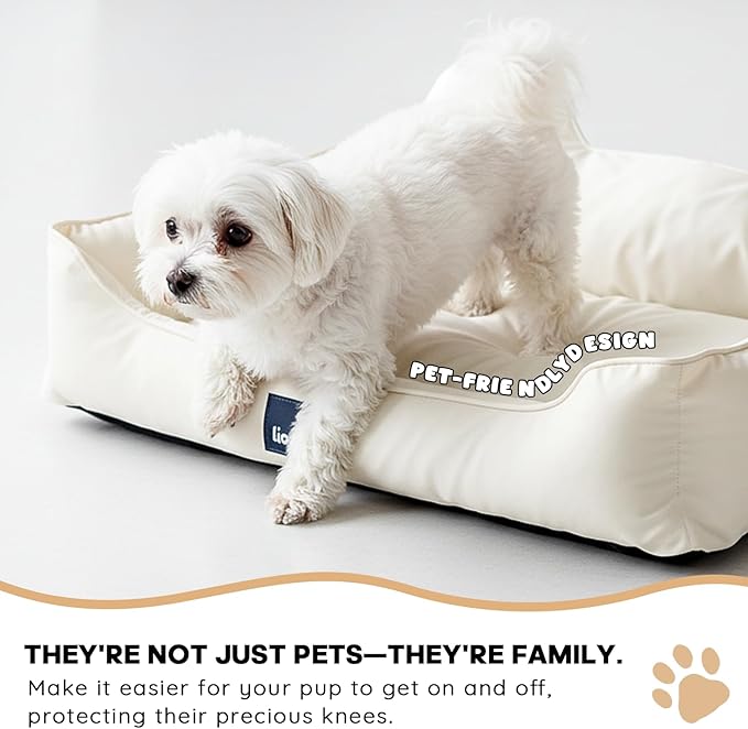 EarsUp Dog Bed 31Inch Leather Dog Sofa, Detachable Orthopedic Puppy Beds, Rectangle Pet with Non-Slip Bottom, Waterproof, Machine Washable (White)