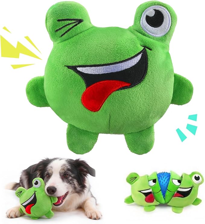 3-in-1 Squeaky Dog Toys for Aggressive Chewers, No Stuffing Frog Ball Interactive Dog Chew Toys with Crinkle Paper & Tearable Plush Puppy Teething Toy for Small, Medium & Large Dogs