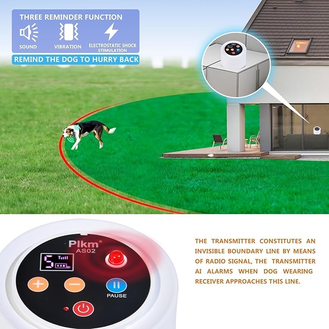 Plkm Wireless Dog Fence Pet Electric 2026 Newest Intelligent Containment System, Dog Out of Range Reminder Transmitter AI Smart Alarm, 360° Strong Signal Coverage, Display Receiver Battery Level