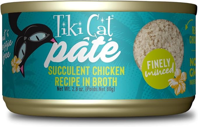 Tiki Cat Luau Pâté, Succulent Chicken Recipe in Broth, Grain-Free Balanced Nutrition Wet Canned Cat Food, for All Life Stages, 2.8 oz. Cans (Pack of 12)