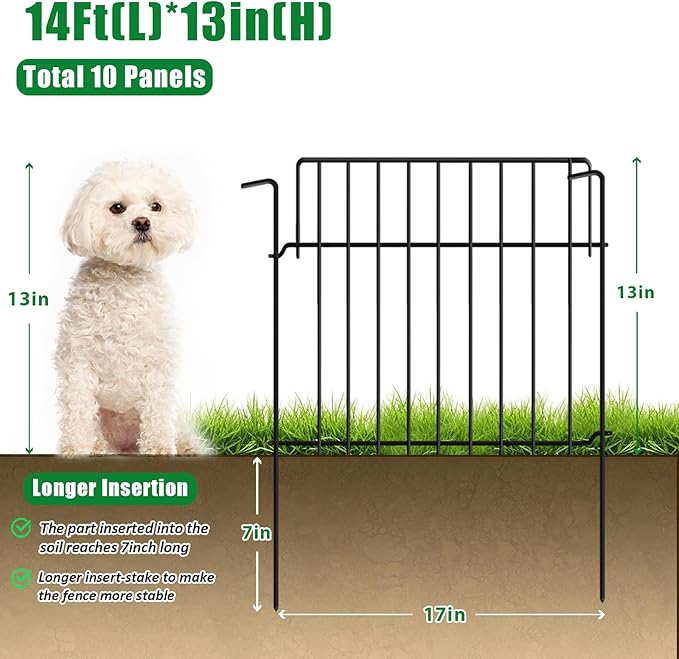 14Ft (L) x 20in (H) Garden Fence Animal Barrier Fencing 10 Pack Rustproof Metal Wire Yard Blocker Dog Fences Border 1.55" Spacing for Outdoor Flower Bed Landscape Fencing Decor Black