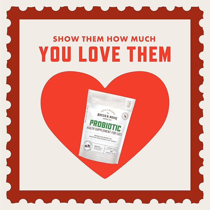 Rocco & Roxie Cat Probiotics, Health Supplement for Cats, Prebiotic & Postbiotic for Digestive + Gut Support, Constipation Relief, Anti Diarrhea, Supplements & Vitamins, Chicken Flavored Crunchy Chews