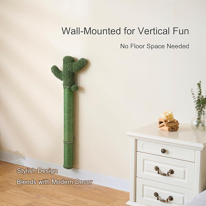 Wall Mounted Cat Scratcher, 35” Extra-Tall Vertical Sisal Scratching Post for Large Cats, Space-Saving Wall Cat Scratcher with Hanging Ball Toy, Cactus Design, Green