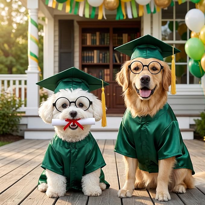 Dog Graduation Cap and Gown Set 2026 - Adjustable Washable Pet Cosplay Costume for Small Medium Dogs, Graduation Gift Supplies with Cap Robe Tassel,Dog Graduation Outfits Gifts (Green, Medium)