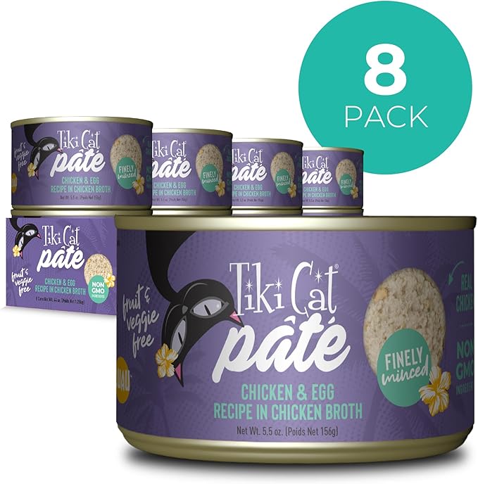 Tiki Cat Luau Pâté, Chicken and Egg Recipe in Chicken Broth, Grain-Free Balanced Nutrition Wet Canned Cat Food, for All Life Stages, 5.5 Oz. Cans (Pack of 8)