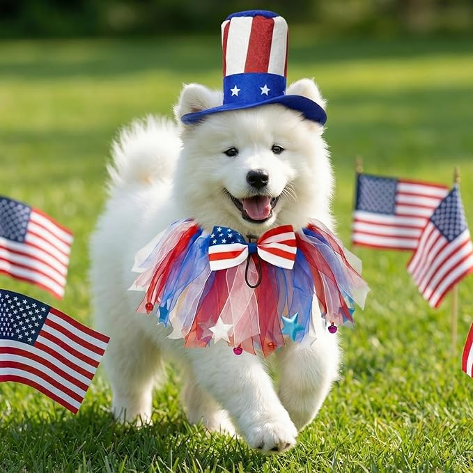 4th of July Dog Outfit Accessories - Small Dog Patriotic Costume with American Flag Collar Top Hat Red White Blue Bow Tie for Small Puppy, Pet Clothes Independence Day Parade Supplies Party Favor