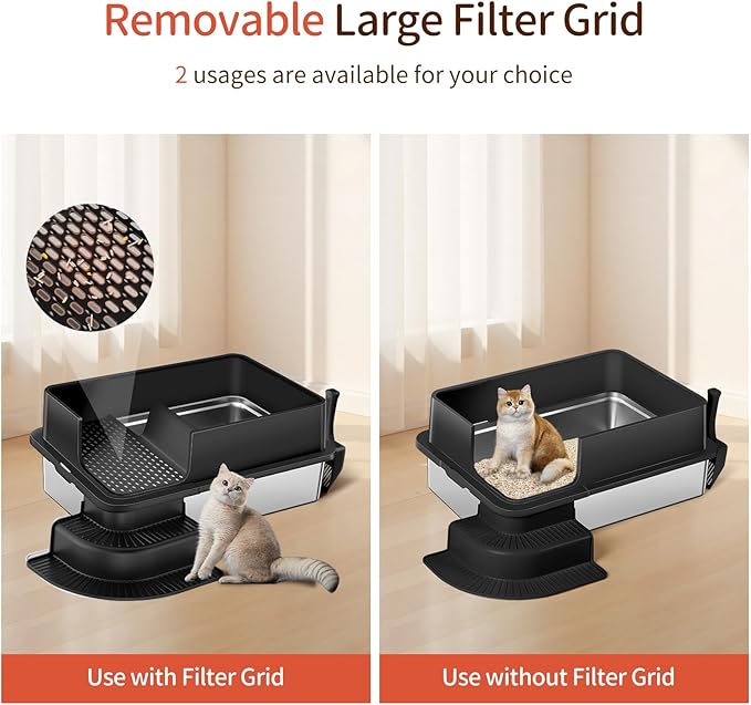 XXXL Stainless Steel Litter Box, 28"x20"x12" Extra Large Semi Enclosed High Sided Metal Cat Litter Box with Filtered Grid, Step, Scoop, Non-Sticky, Non-Odor, Easy Cleaning (Black)