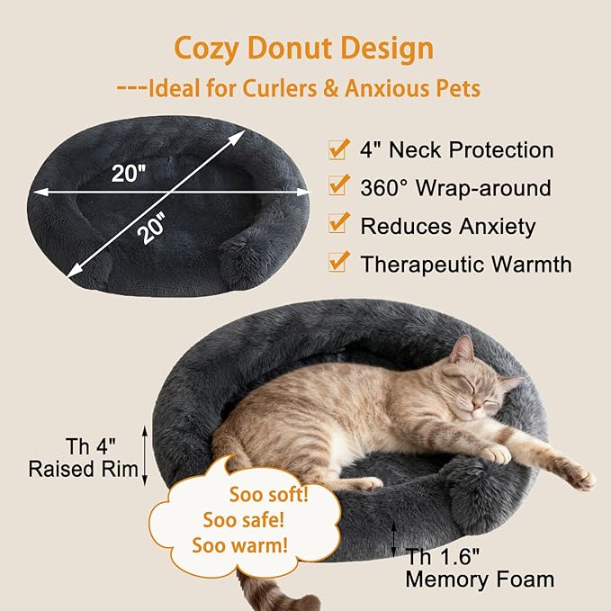 Calming Dog & Cat Beds for Small Medium Dogs Cats, Anti-Anxiety Pet Bed Orthopedic Donut Cushion, Soft Fluffy Faux Fur Warming Cozy Washable, Fits up to 15 lbs Pets (Round, Dark Grey 20")