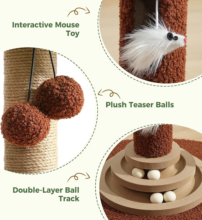 Made4Pets 42" Tall Cat Scratching Post with Sisal Rope, Interactive Hanging Balls, Toy Mouse and Two-Layer Ball Track Cat Toys, Palm Tree Cat Scratcher Tower for Indoor Cats and Kittens