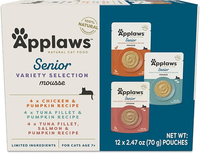 Applaws Senior Natural Wet Cat Food in Mousse, Limited and Natural Ingredients, High Protein with No Artificial Additives, Variety Selection (12 x 2.47oz Pouches)