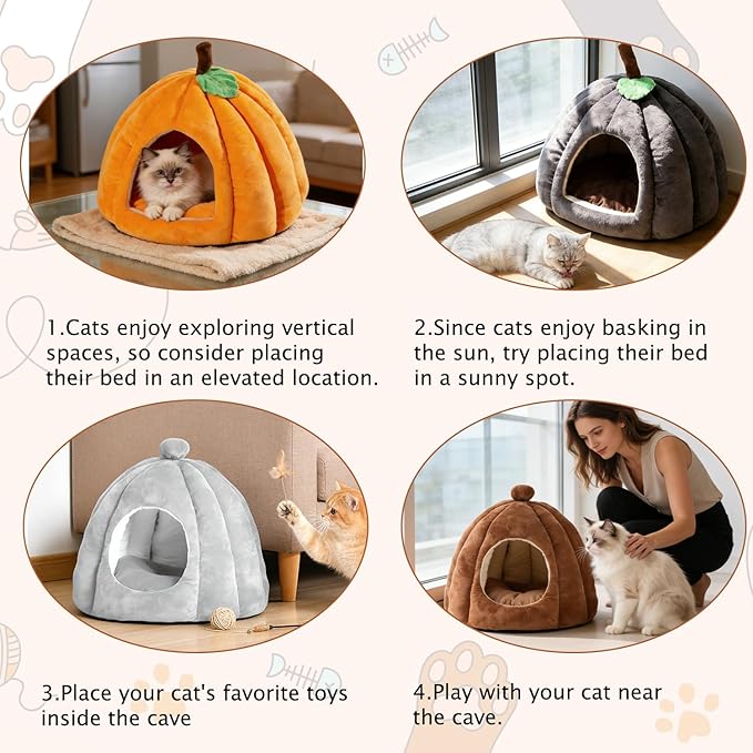 Cat Bed for Indoor Cats - Adorable Cozy Pumpkin Cat Cave with Removable Cushion, Super Soft Pet House Tent for Kittens & Small Pets, Warm & Washable Non-Slip Design(S 15 inch Brown)