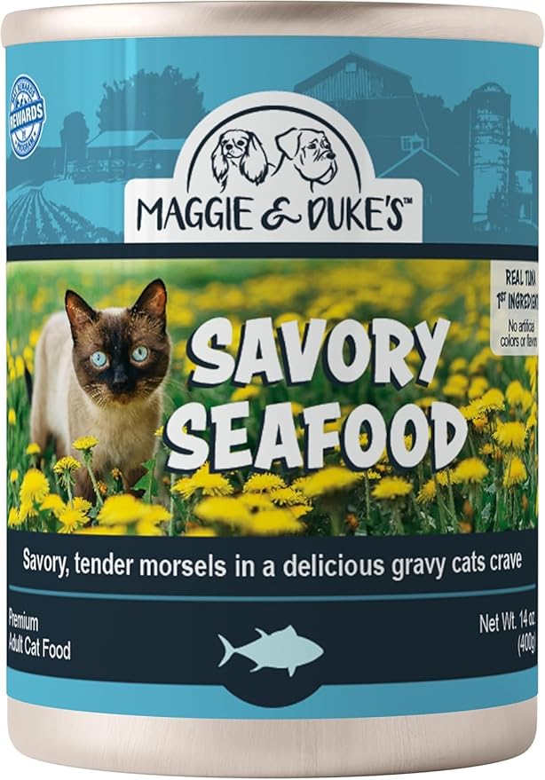 CountryMax Maggie and Duke’s Canned Cat Food – 14 oz – High-Protein, Grain-Free Wet Food for Adult Cats & Kittens (Case of 24 Cans, Savory Seafood)