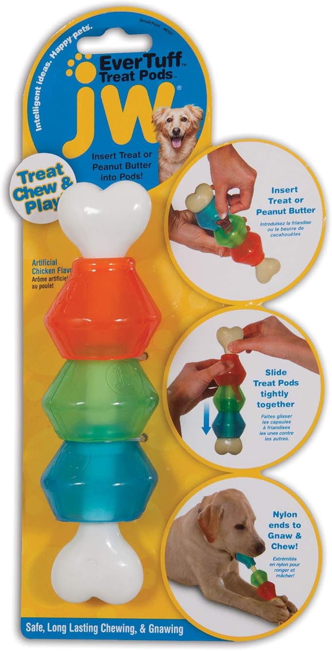 JW Pet EverTuff Treat Pod Nylon Dog Toy, Small 7" Tall, White Bone with Colored Pods of Orange, Green, Blue