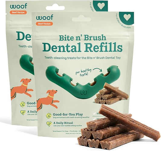 WOOF - Bite n' Brush Refills for The Dog Toothbrush Toy - Scrub Plaque and Tartar from Your Dog's Teeth and Mouth - Dog Dental Chew Toy Treats - Approximately 16 Refills - Beef - 2 Pack