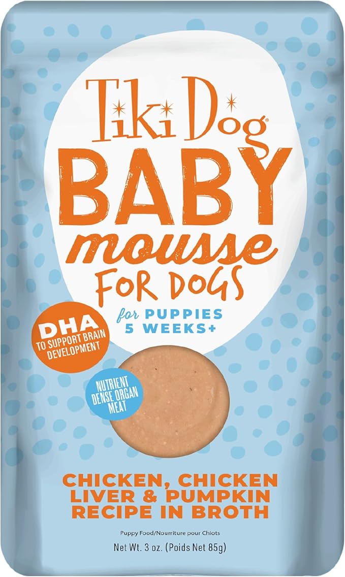 Tiki Dog Aloha Petites Puppy, Chicken with Chicken Liver & Pumpkin, Grain Free Recipe with Protein, Mousse For Small Breed Dogs and All Life Stages, 3 oz. Pouch (12 Count)