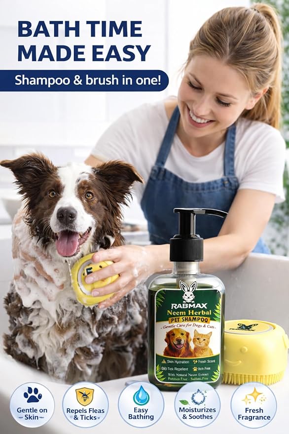 Pet Bath Combo kit-Neem Herbal Shampoo & Silicone Dispenser Brush with Reusable Zip-Lock Bag | Dog cat Grooming Supplies for Gentle Skin Care, Easy Bathing Solution
