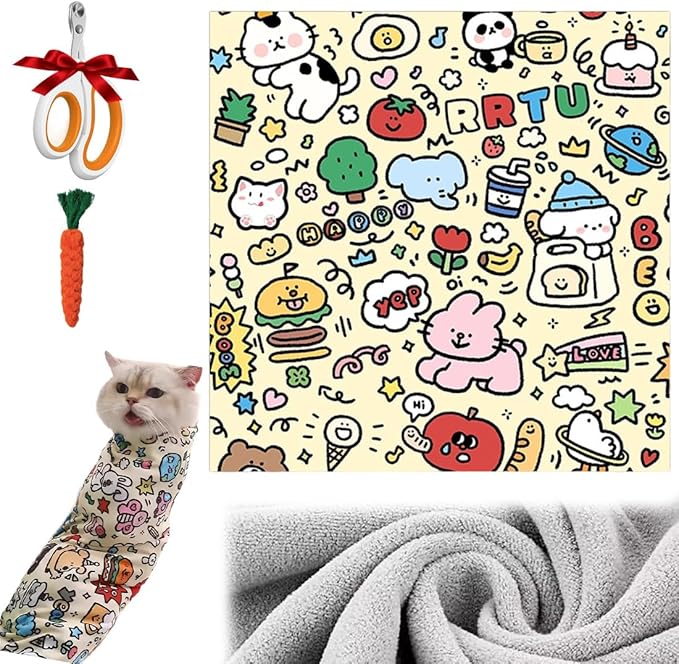 Cat Grooming Wrap for Cutting Nails, 27.6" Anti-Scratch Anti-Escape Cat Holder for Claw Clipping, Self-Adherent Soft Cat Swaddle Wrap for Nail Trimming for Cats & Kittens (3,13.78 *13.78 inch)