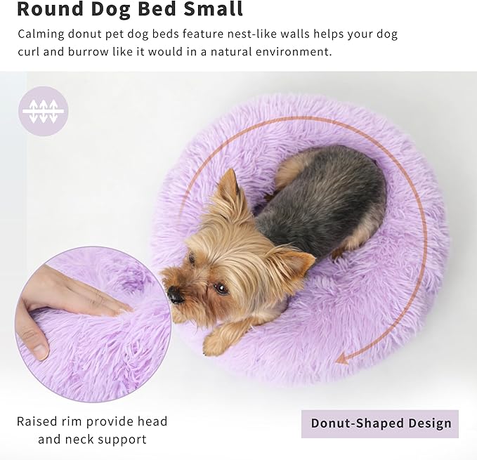 Fluffy Purple Dog Bed Extra Small Washable,Calming Dog Bed Princess for Small Dogs 15 inches Donut Soft Small Pet Bed,Anti Anxiety Round Fits up to 5 lbs Warm Comfort Pets Beds for Puppy Dogs Indoor