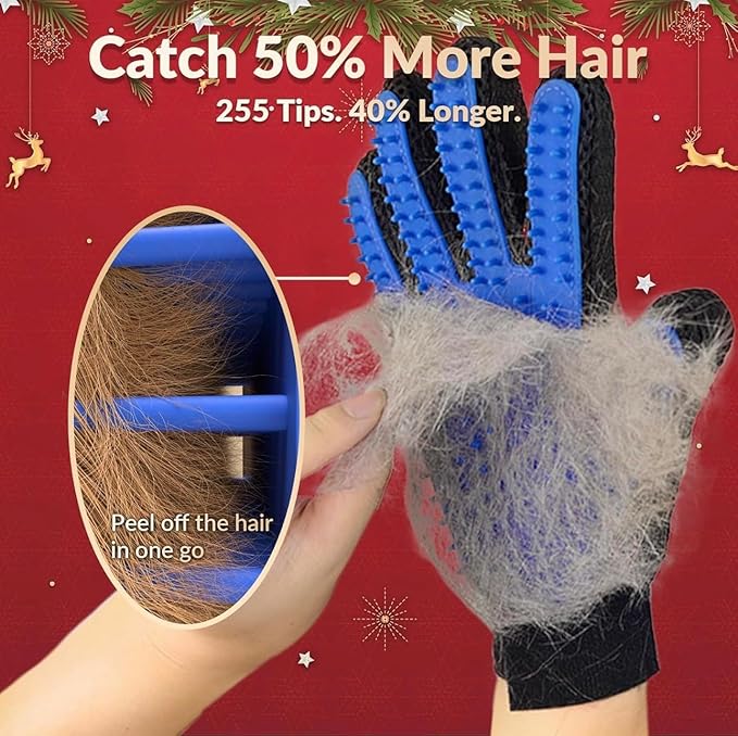 Pet Grooming Glove with 255 Tips, Hair Removal Brush for Dogs and Cats, Blue and Black, Catches 50% More Hair