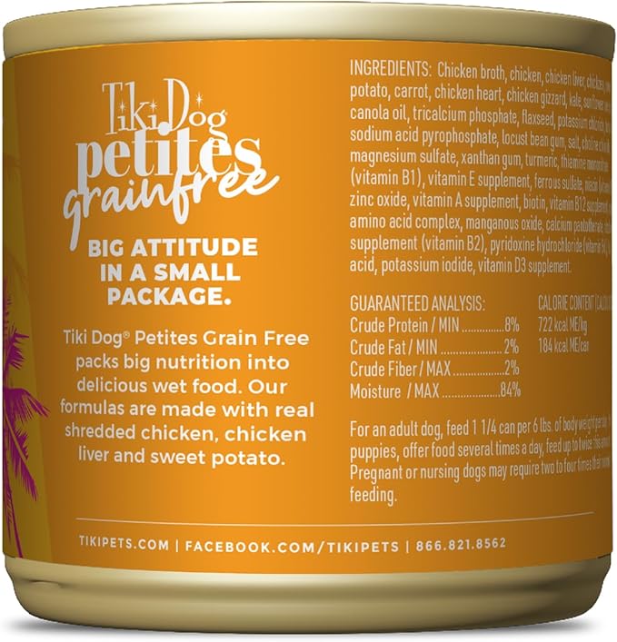 Tiki Dog Petites Grain Free, Chicken with Chicken Liver, Heart & Gizzard, Nutrient Dense Meat, for All Dog Breeds and All Life Stages, 9 oz. Can (8 Count)